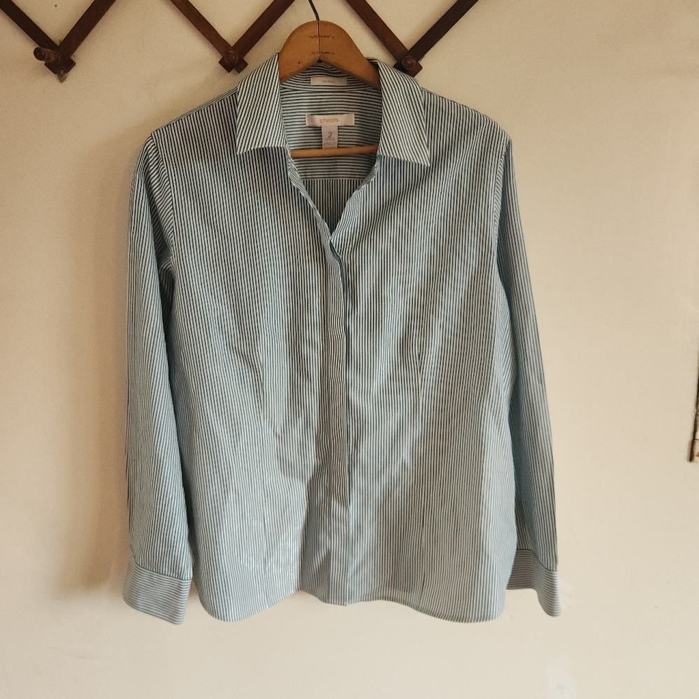 Chicos No Iron Striped Button-Up Shirt Blue Green Metalic Long Sleeve Large